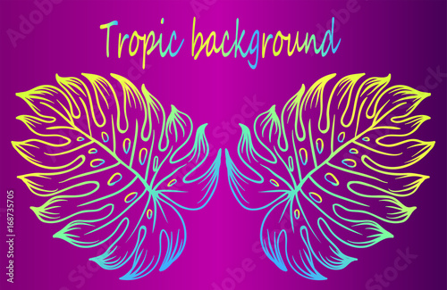 Two neon-colored tropical leaves on a violet gradient background