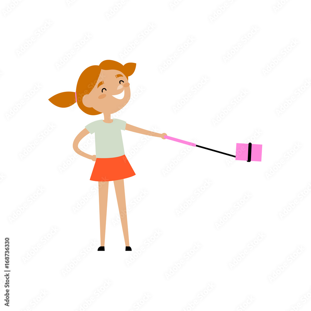 Teen girl with funny ponnytails making selfie with phone and monopod, flat  style cartoon vector illustration isolated on white background. Pretty teen  girl making selfie with her smarphone Stock Vector | Adobe
