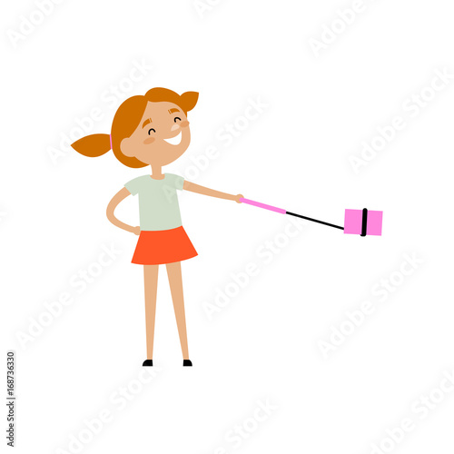 Teen girl with funny ponnytails making selfie with phone and monopod, flat style cartoon vector illustration isolated on white background. Pretty teen girl making selfie with her smarphone