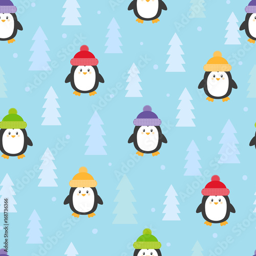 Cute cartoon penguins seamless pattern. Vector winter background.