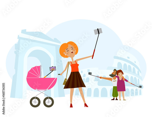 People, mother and baby, adult couple making selfie in Italy with local landmarks on background, flat cartoon vector illustration. Mother and baby, couple making selfie on vacation in Italy