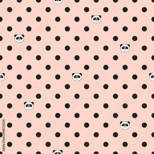Polka dot pattern with cute panda bear. Vector pink seamless background.