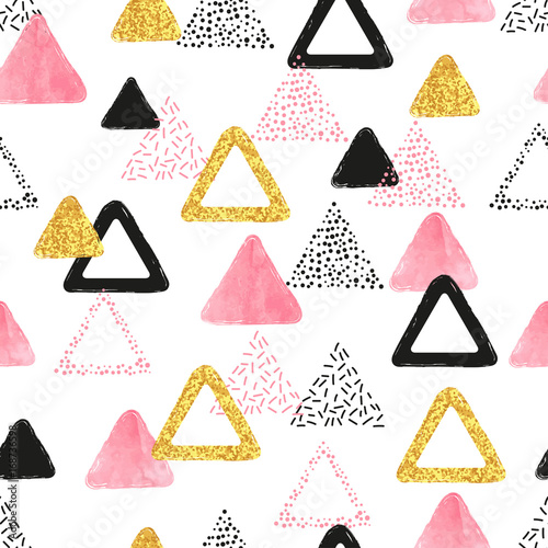 Fototapeta Seamless pattern with pink, black and golden triangles. Vector abstract background with   geometric shapes.