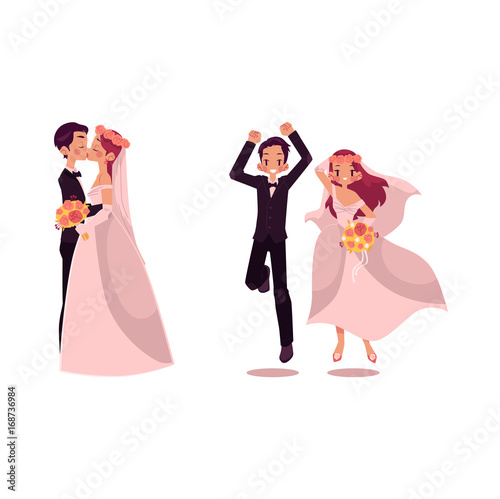 vector groom and bride newlywed character set isolated illustration on a white background flat cartoon. Newlywed couple kissing, groom and bride dancing