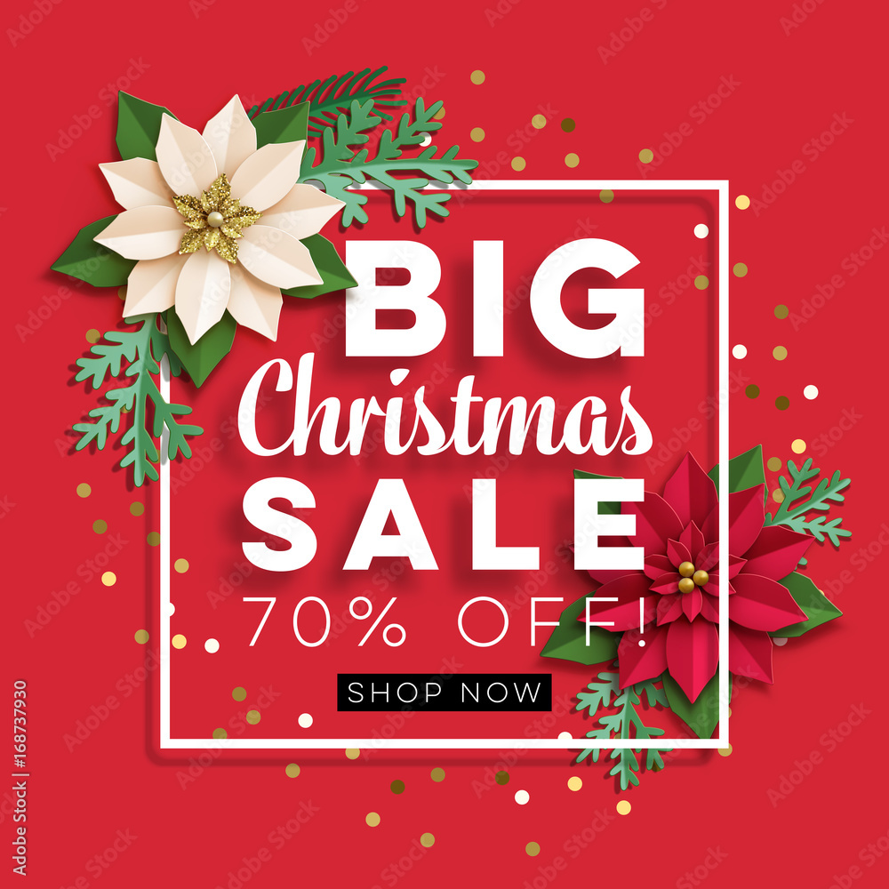 Christmas big sale. Poster with christmas star paper poinsettia, fir-tree branches and text in frame, with golden confetti on red. Vector illustration Christmas big sale. Poster with christmas star paper poinsettia, fir-tree branches and text in frame, with golden confetti on red. Vector illustration