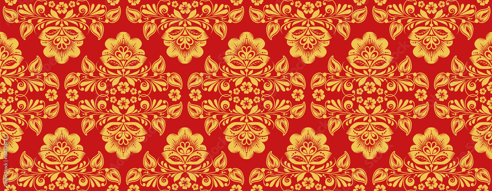 Russian khokhloma style repeat pattern vector in traditional red and gold colors. Classic hohloma seamless ornament. Floral art style Russian khokhloma style repeat pattern vector in traditional red and gold colors. Classic hohloma seamless ornament. Floral art style