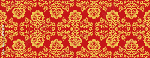 Russian khokhloma style repeat pattern vector in traditional red and gold colors. Classic hohloma seamless ornament. Floral art style