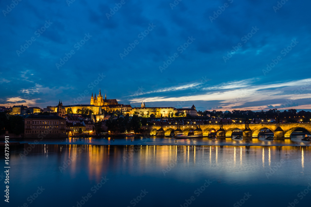 Nigh view on the Hradcany Prague Castle, Church Saint Vitus and Charles Bridge in Prague, Czech Republic