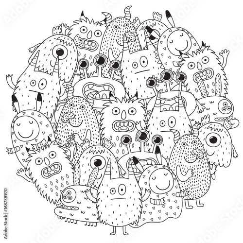 Funny monsters circle shape pattern for coloring book. Vector illustration photo