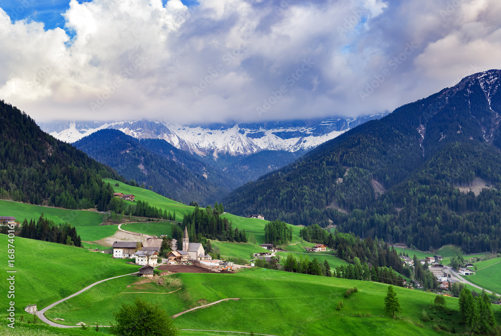 Beautiful mountain village landscape. Dolomites Alps, Italy