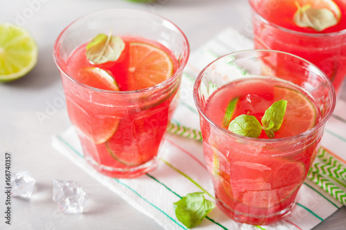 watermelon lemonade with lime and mint, summer refreshing drink