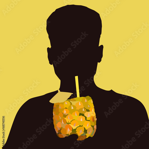 Silhouette of a man drinking pineapple juice with a straw