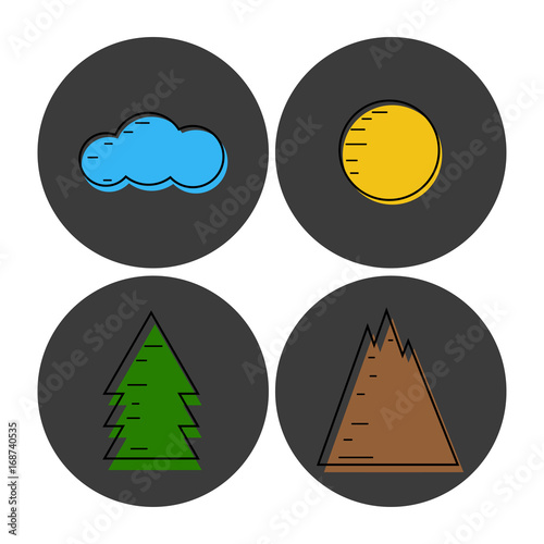 Nature icons set. Cloud, sun, tree, mountain