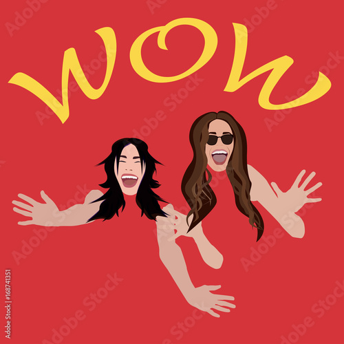 Two happy women with outstretched hands over red. Wow lettering. Vector illustration