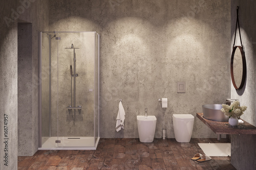 3d illustration of a Modern shower room with spotlights in the evening