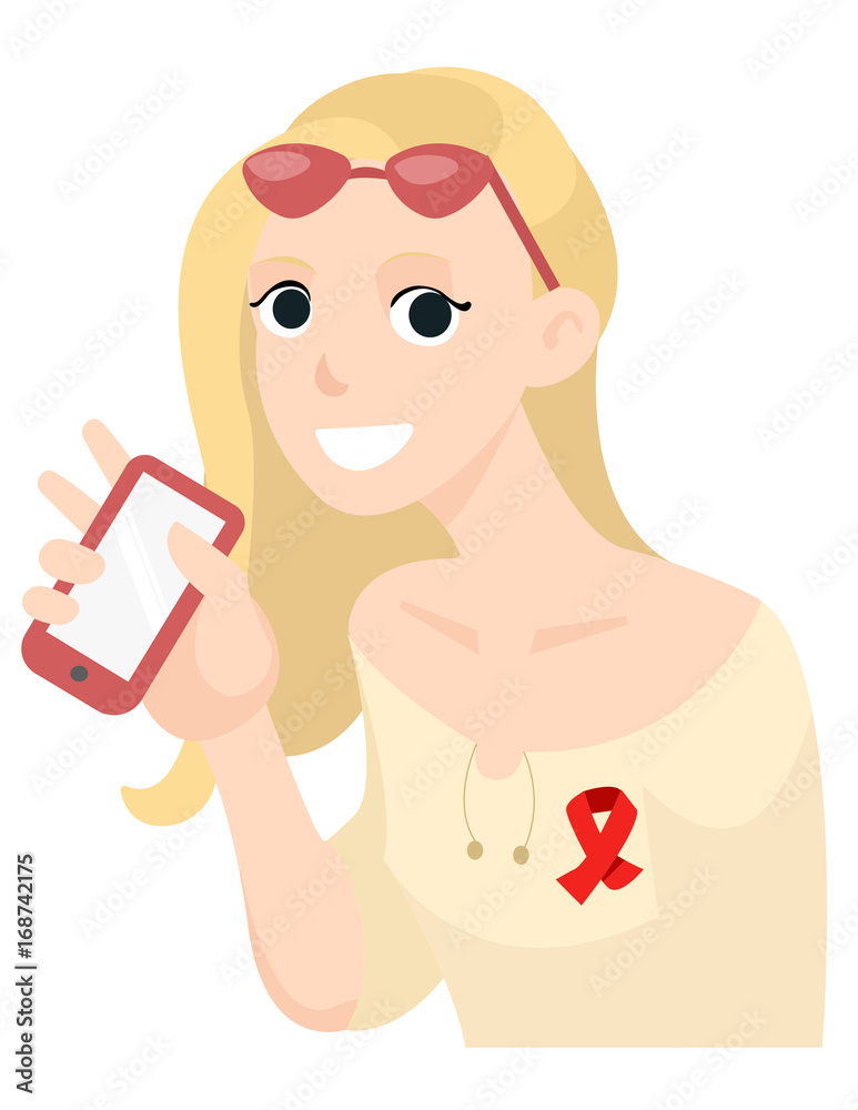 European blonde girl holding smartphone and smiling. World AIDS Day cartoon vector illustration in flat style. European blonde girl holding smartphone and smiling. World AIDS Day cartoon vector illustration in flat style.