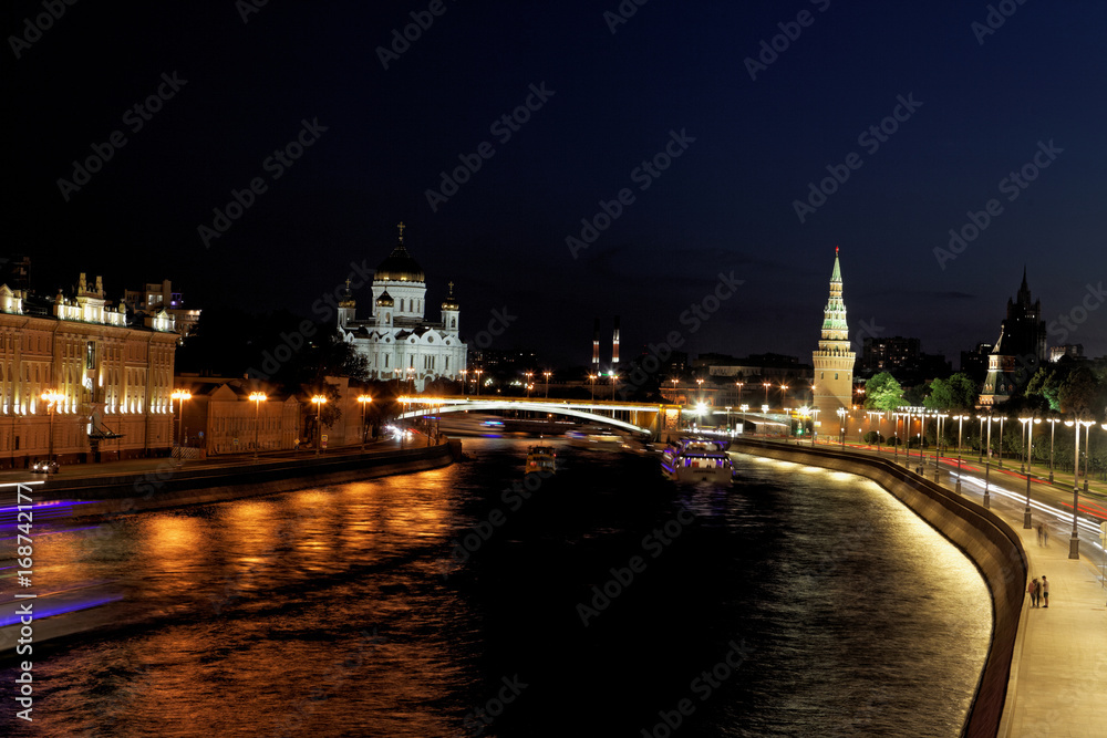Night View of Moscow river and Cathedral of Jesus Christ the Saviour, Moscow, Russia