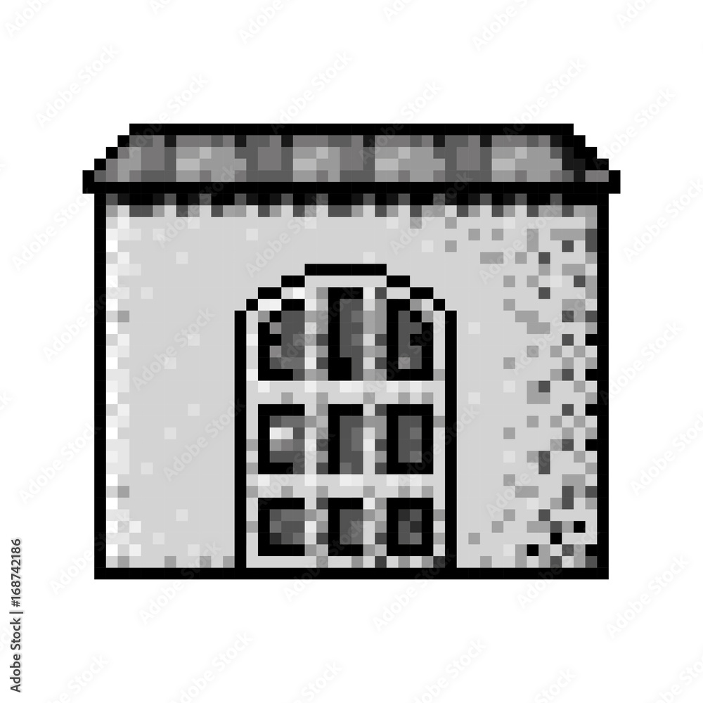 monochrome pixelated house with roof and big door