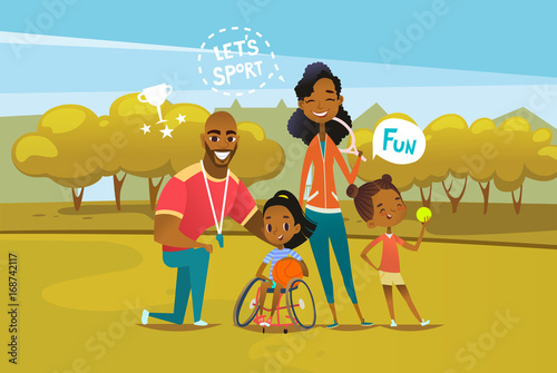 Happy African American family with disabled girl sitting in wheelchair and holding basketball ball. Concept of parents involvement in physical activities of kids with disability. Vector illustration.