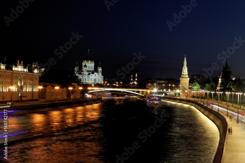 Night View of Moscow river and Cathedral of Jesus Christ the Saviour, Moscow, Russia