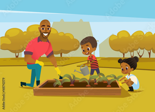 Cheerful African American father and two kids dressed in rubber boots cultivate vegetables growing in bed against trees on background. Concept of family activities in garden. Vector illustration.