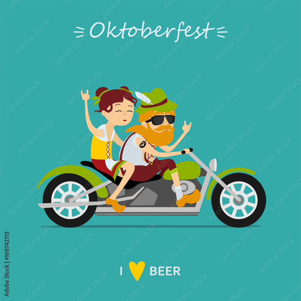 Fototapeta premium Oktoberfest beer festival. Man and woman in traditional bavarian costume riding a motorcycle. Inscription i like beer, inscription Oktoberfest. Vector illustration