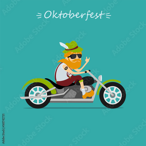 Oktoberfest beer festival. Man in traditional bavarian costume  rides the motorcycle. inscription Oktoberfest. Vector illustration