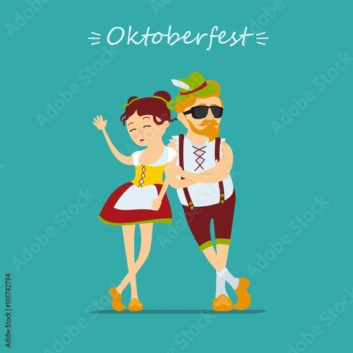 Oktoberfest beer festival. Man and woman in traditional bavarian costume. Inscription Oktoberfest. Vector illustration 