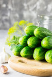 Raw cucumbers, garlic, dill on wooden board, glass jar.  Ingredients for making pickles. Selective focus, space for text.