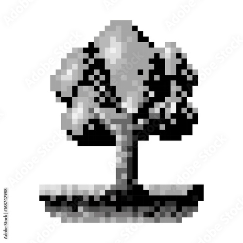 monochrome pixelated tree in meadow with ramifications and leaves