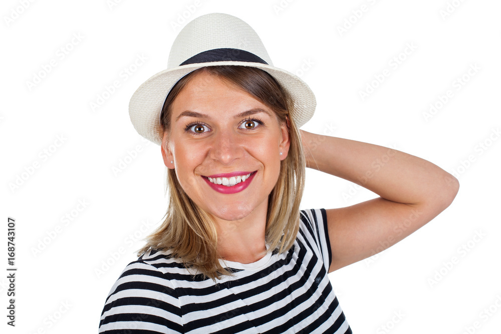 Happy young woman with striped shirt and hat Happy young woman with striped shirt and hat