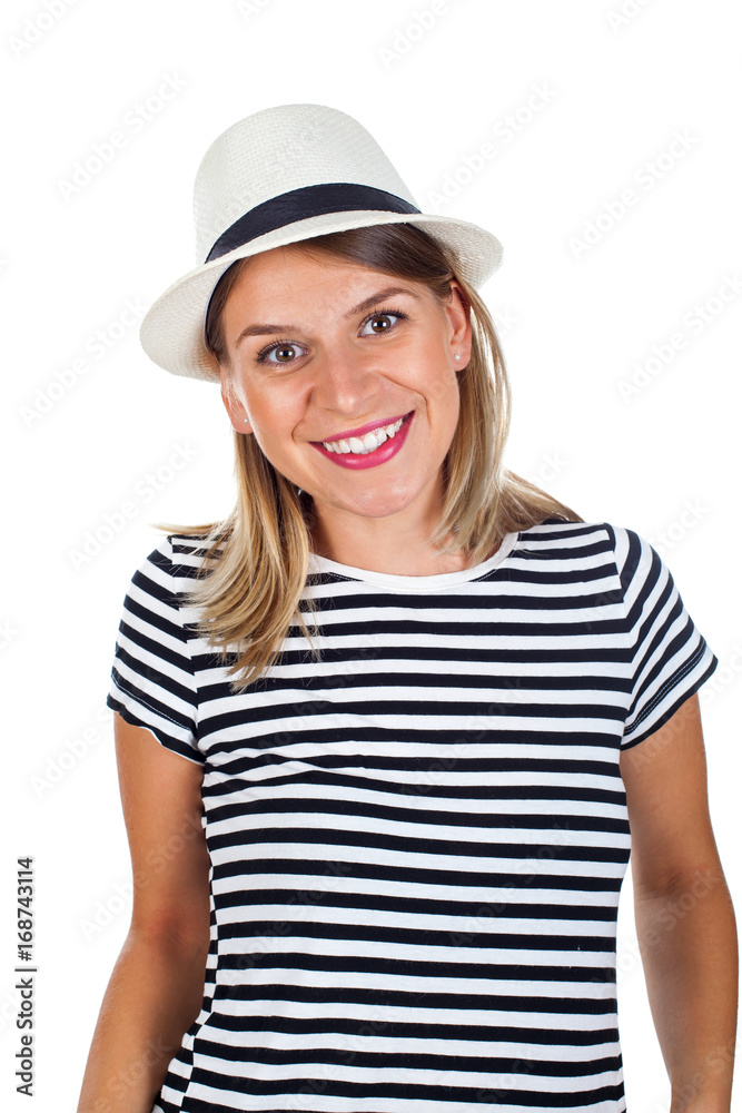 Happy young woman with striped shirt and hat Happy young woman with striped shirt and hat