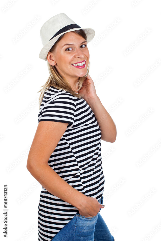 Happy young woman with striped shirt and hat Happy young woman with striped shirt and hat