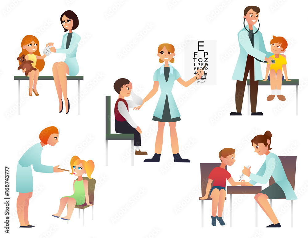 Kids visit a doctor cartoon flat vector illustration. Pediatrician and examine a patient. Isolated on white background