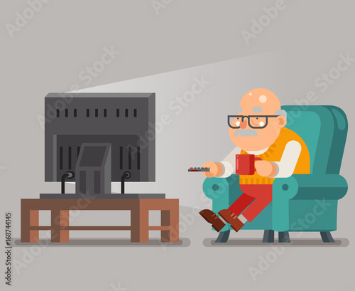 Grandfather Old Man Watching TV Sit Armchair Cartoon Character Flat Design Vector Illustration