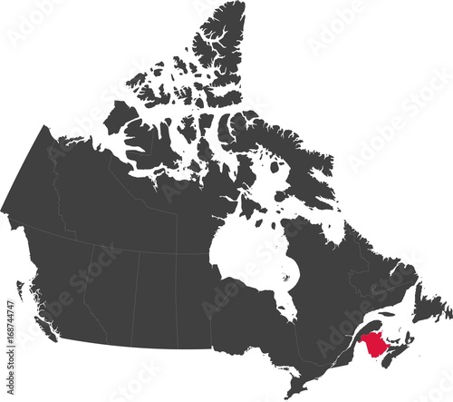 Map of Canada split into individual provinces. Highlighted province of New Brunswick.