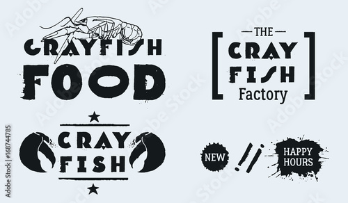 Claw illustration with line, star decoration and text CRAYFISH. Blots NEW, HAPPY HOURS