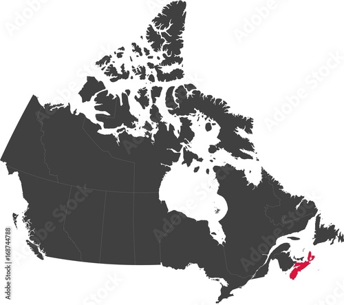 Map of Canada split into individual provinces. Highlighted province of Nova Scotia.