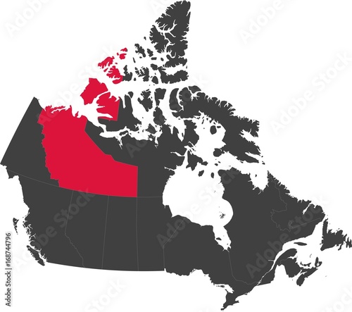 Map of Canada split into individual provinces. Highlighted province of Northwest Territories.
