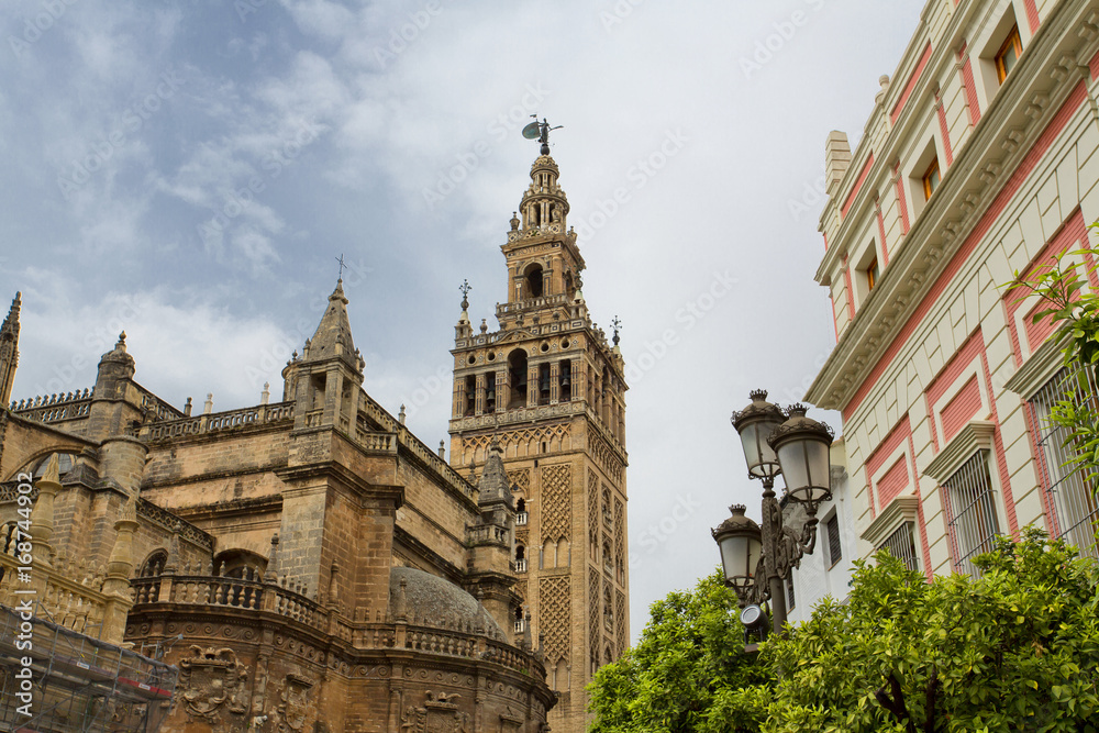 The Cathedral of Seville with the Giralda views from Piazza Virgen de los Reyes