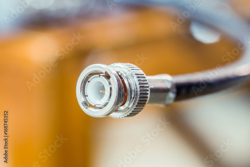 closeup head of CCTV cable RG6 RGB TV coaxial type to recording device