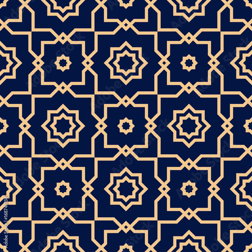 Geometric pattern for wallpapers. Golden blue seamless background