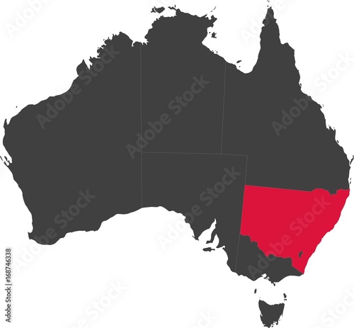 Map of Australia split into individual states. Highlighted state of New South Wales.