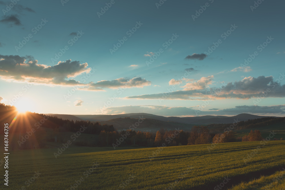 Beautiful photography of sunset in Karkonosze Mountains at sunny warm day, Poland Lubawka.