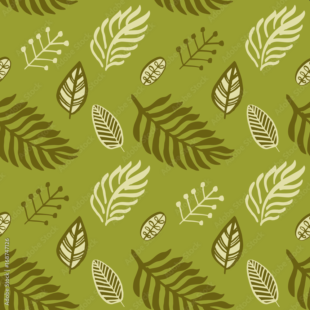 Hand drawn autumnal leaves seamless pattern in green colors V.2