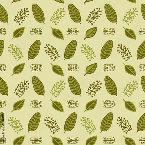 Hand drawn autumnal leaves seamless pattern in green colors V.3