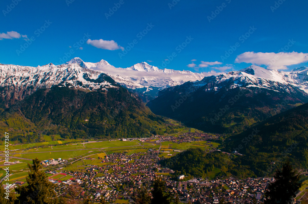 Eiger, Monch, Jungfraujoch peaks and Interlaken valley, view from Harder Kulm
