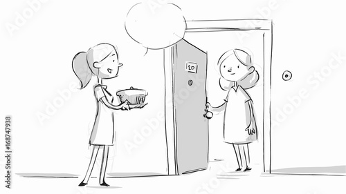 Woman bringing a cake to her neighbour. Vector sketch for storyboard, projects, cartoon