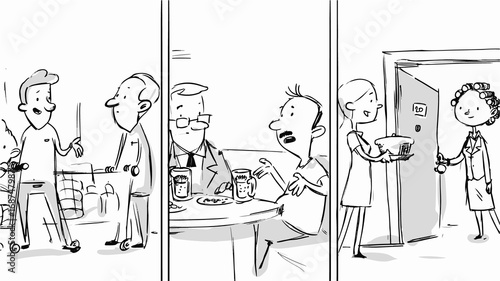 People talking. Different life moments. Vector sketch for storyboard, projects, cartoon