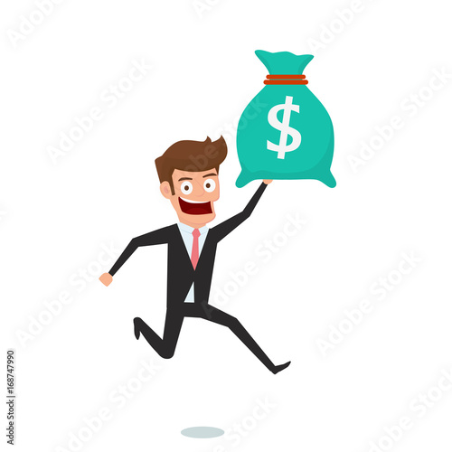Businessman holding money bag. Concept of earnings money and get bonus.